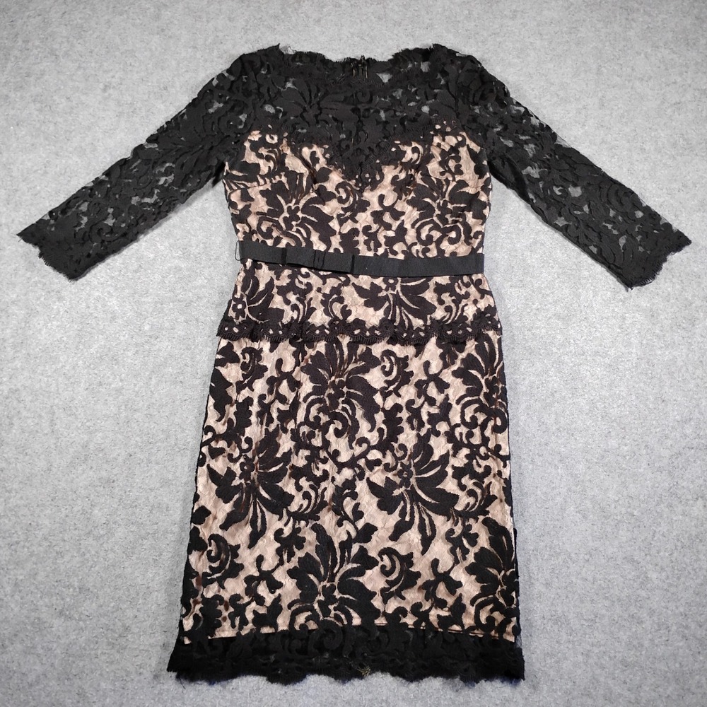 Tadashi Shoji Petite Black‎ Lace Peplum Cocktail Dress 6P 3K1224MP Illusion Neck